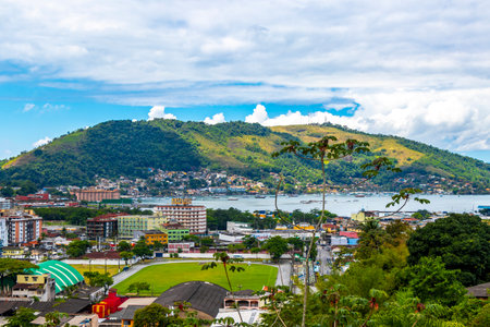 Mountain city town pier sea and tropical landscape panorama view of Angra dos Reis State of Rio de Janeiro Brazil.のeditorial素材