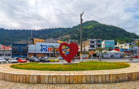 Angra dos Reis State of Rio de Janeiro Brazil October 26, 2020 I love Angra dos Reis sign lettering signage letters at the pier with turquoise water green mountains and blue sky in State of Rio de Janeiro Brazil.のeditorial素材