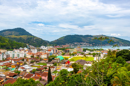 Mountain city town pier sea and tropical landscape panorama view of Angra dos Reis State of Rio de Janeiro Brazil.のeditorial素材