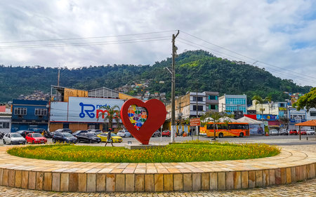 Angra dos Reis State of Rio de Janeiro Brazil October 26, 2020 I love Angra dos Reis sign lettering signage letters at the pier with turquoise water green mountains and blue sky in State of Rio de Janeiro Brazil.のeditorial素材
