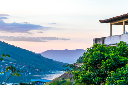 Mountain city town pier sea and tropical landscape panorama view of Angra dos Reis Rio de Janeiro Brazil.の写真素材