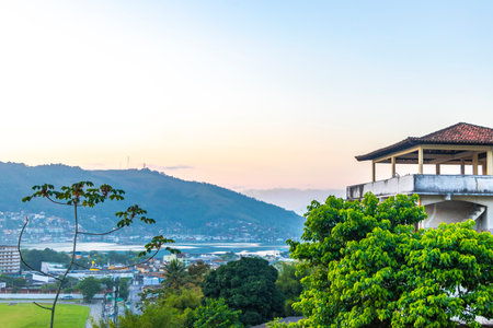 Mountain city town pier sea and tropical landscape panorama view of Angra dos Reis Brazil.の写真素材