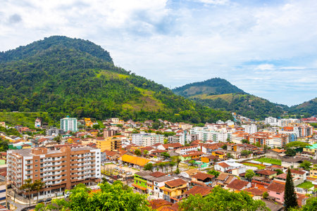 Mountain city town pier sea and tropical landscape panorama view of Angra dos Reis Brazil.の写真素材