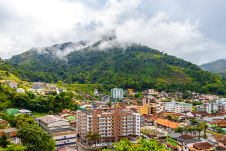 Mountain city town pier sea and tropical landscape panorama view of Angra dos Reis Brazil.の写真素材