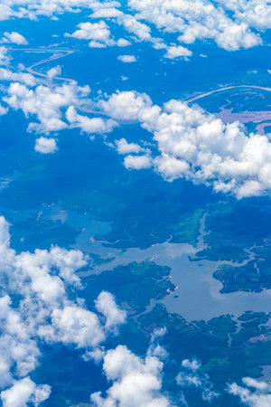 Flight in plane with aerial panorama view to Amazon river Rio negro tropical jungle rainforest of State of Amazonas Brazil.の写真素材
