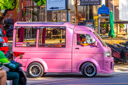 Kathu Phuket Thailand November 29, 2025 Pink public transportation tuk tuk pick up truck car in Patong Beach Kathu District Phuket Island Southern Thailand in Southeast Asia.の写真素材