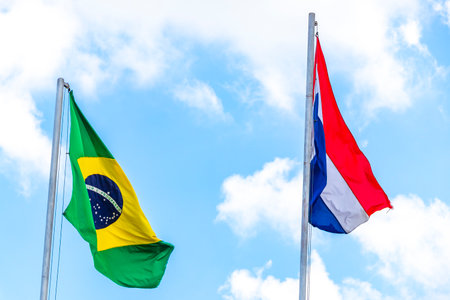 Brazilian and Paraguayan flags waving in the wind with blue sky in the background.の写真素材