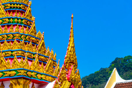 Suwankeereewong Temple wat golden colorful Buddhist temples architecture details in Patong Beach Kathu District Phuket Island Province Southern Thailand.の写真素材