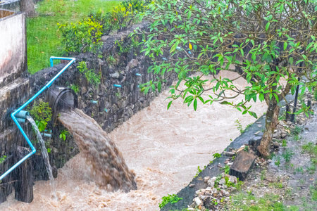 Tropical green city river canal and drainage in jungle nature full during a heavy monsoon rainfall in Patong Beach Kathu District Phuket Island Province Southern Thailand in Southeast Asia.の写真素材