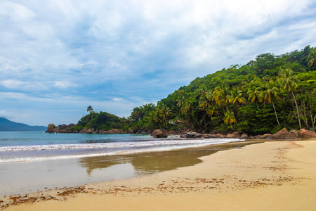 Aventureiro Beach tropical landscape panorama view with turquoise water waves palm trees and rocks on Ilha Grande Big Island Angra dos Reis State of Rio de Janeiro Brazil.の写真素材