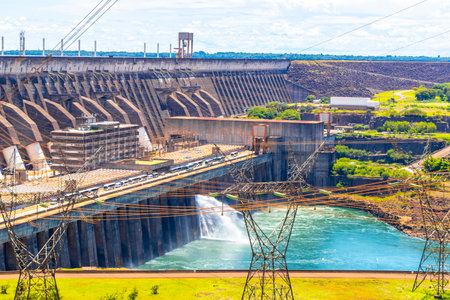 Brazil's largest dam in the world Itaipu for energy production on the border with Paraguay electricity pylons power poles building water river and blue sky in Foz do Iguacu State of Parana Brazil.の写真素材