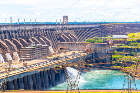 Brazil's largest dam in the world Itaipu for energy production on the border with Paraguay electricity pylons power poles building water river and blue sky in Foz do Iguacu State of Parana Brazil.の写真素材