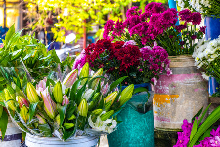 Flower gift and decoration shop street stall with cut flowers and traditional decorations in Patong Beach Kathu District Phuket Island Province Southern Thailand in Southeast Asia.の写真素材
