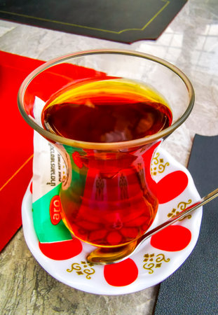 Kathu District Phuket Island Thailand November 26, 2025 Turkish black tea chai in a glass on a restaurant table in Patong Beach Kathu District Phuket Island Southern Thailand in Southeast Asia.のeditorial素材