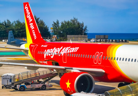 Thalang District Phuket Province Thailand December 29, 2025 Vietjet airplanes plane airplane takes...