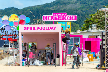 Kathu District Phuket Island Province Thailand October 8th 2025 Eve and boy beauty and the beach event stage promotion and pink decoration sand at turquoise blue water in Patong Beach Phuket Thailand.のeditorial素材