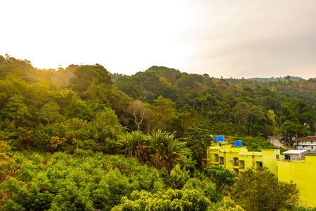 Panoramic view and panorama of tropical landscape mountains city and beach with blue sky in Kathu District Phuket Island Province Southern Thailand in Southeast Asia.の写真素材