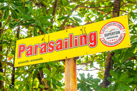Kathu District Phuket Island Province Thailand October 17, 2025 Advertising and promotional signs poster offer for jet skiing parasailing and water other activities on the beach Patong Beach Thailand.のeditorial素材