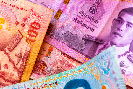 Kathu District Phuket Island Province Thailand February 11, 2026 Thai Baht cash money banknotes...