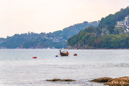 Longtail boat long tail boats at the beach with clear blue turquoise water rocks tropical palm trees and sky shore coast seascape panorama view.の写真素材
