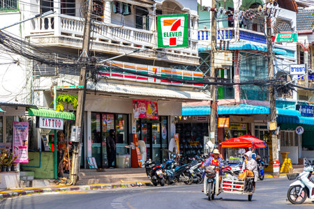 Kathu District Phuket Island Province Thailand 11. February 2026 7 Eleven Seven 11 store shop entrance and welcome sign brand logo at the street in Patong Beach Kathu Phuket Island Thailand.のeditorial素材
