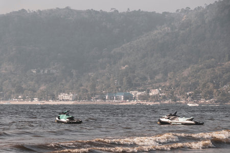 Kathu District Phuket Island Province Thailand 05. March 2026 Rent jet ski jetski water activity activities for tourists and turquoise blue water at the beach in Patong Beach Phuket Island Thailand.のeditorial素材