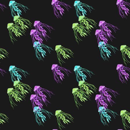 Jellyfish seamless vector pattern. Jellyfish background. Vector illustration. Sea life background. Sea animal seamless pattern with jellyfish. Underwater seamless pattern.のイラスト素材