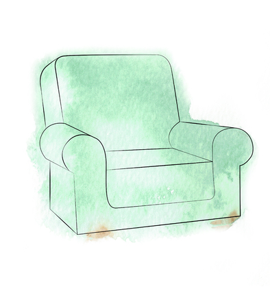 Green chair. Chair painted watercolor. Hand drawing watercolor. Sketch chair isolated on white background.の写真素材