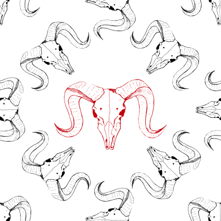 Seamless pattern with skulls of goat. Line drawing of skulls. Mystical background for your design.のイラスト素材