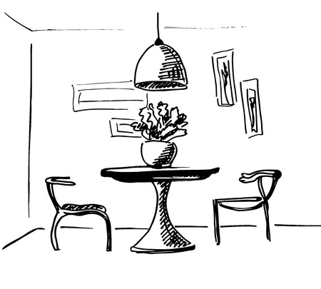 The sketch the room. Design a table and two chairs in the corner of the room.のイラスト素材