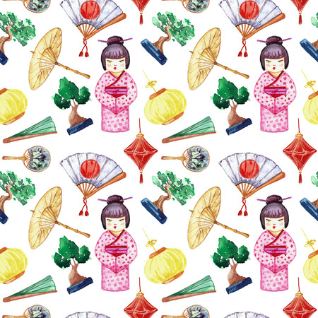 Japanese seamless pattern. Background with Japanese girl and different objects of Japanese culture.の写真素材