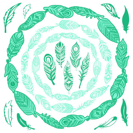 Round frame with feathers. Feathers ornaments in boho style.のイラスト素材
