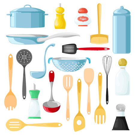 Set of different utensils for cooking. Wooden spoon. Tableware for seasonings. Pepper. Vector illustration.のイラスト素材