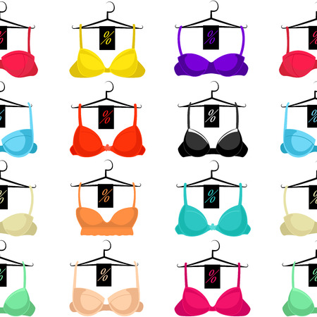 Seamless pattern with different bras on a hanger. Brassieres on a white background. Sale Icons.のイラスト素材