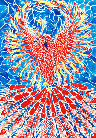 Magic firebird. Hand drawn watercolor. Stylized mosaicの写真素材