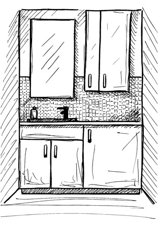 DrukowanieHand drawn sketch. Linear sketch of an interior. Part of the bathroom. Vector illustration.のイラスト素材
