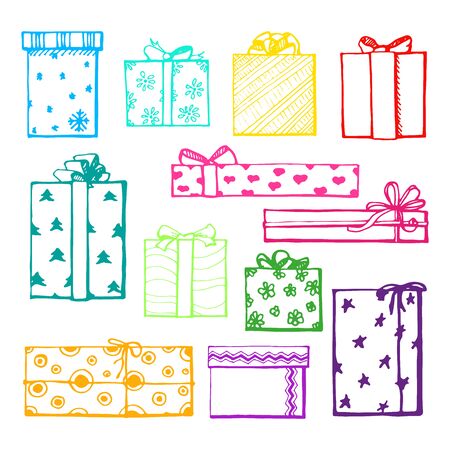 Hand drawing vector set with gifts. Gifts for different holidays. On New Year's Eve, Christmas, birthday, Valentine's Day and others.のイラスト素材