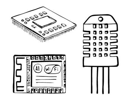Cpu, wi-fi module, electronic sensor isolated on white background. Vector illustration in a sketch styleのイラスト素材