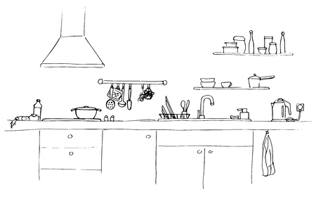 Kitchen sink. Kitchen worktop with sink. The sketch of the kitchen.のイラスト素材