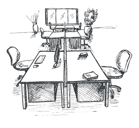 Open Space office. Workplaces outdoors. Tables, chairs and windows. Vector illustration in a sketch style.のイラスト素材
