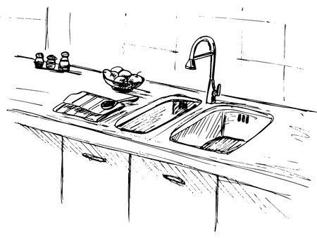Kitchen sink. Kitchen worktop with sink. The sketch of the kitchenのイラスト素材
