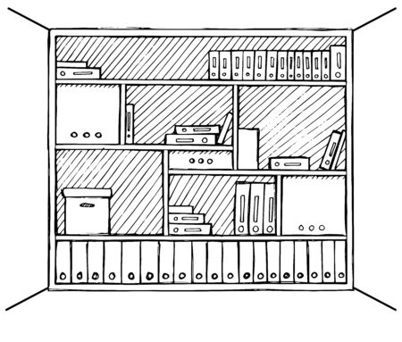 Office bookcase isolated on a white background. Vector illustration in a sketch style.のイラスト素材