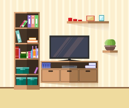Design TV zone in a flat style. Interior living room with furniture, tv and shelf. Vector illustrationのイラスト素材