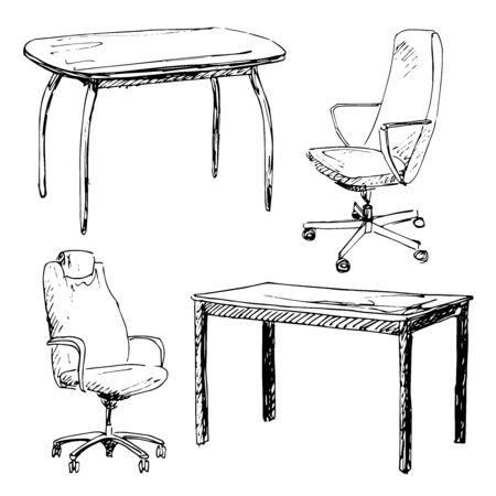 Sketch set isolated furniture. Different chairs and table. Linear black furnitureのイラスト素材