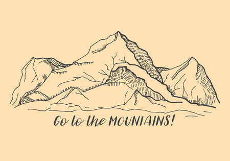 Mountains. The inscription: Go to the Mountains. Vector illustration of a sketch style.のイラスト素材