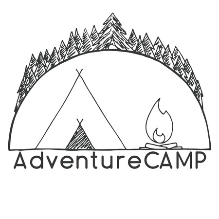 Tent and bonfire against the trees. Emblem, logo camping. Hand drawn vector illustration of a sketch style.のイラスト素材