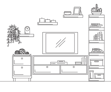 Linear sketch of the interior. Bookcase, dresser with TV and shelves. Vector illustrationのイラスト素材