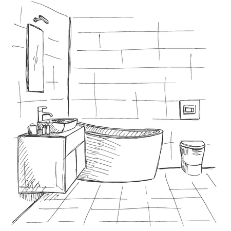 Hand drawn sketch. Linear sketch of an interior. Part of the bathroom. Vector illustrationのイラスト素材