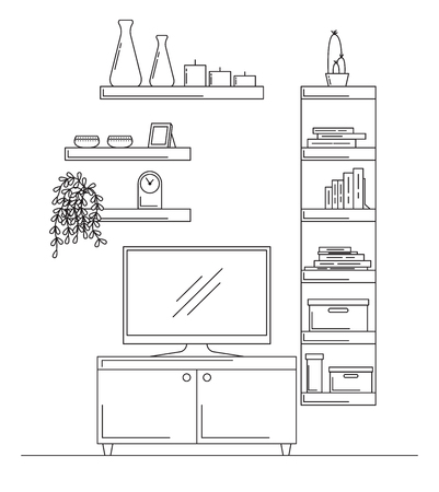Linear sketch of the interior. Bookcase, dresser with TV and shelves. Vector illustrationのイラスト素材