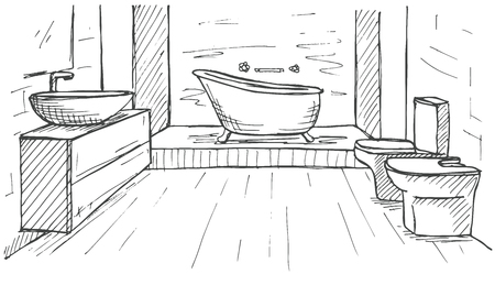 Hand drawn sketch. Linear sketch of an interior. Part of the bathroom. Vector illustrationのイラスト素材